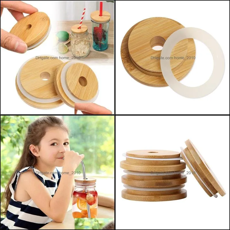 bamboo cap lid reusable wooden mason jar lids 70mm 86mm with straw hole and silicone seal drinkware for canning drinking jars top
