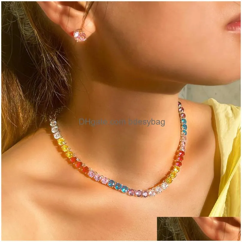 hiphop designer jewelry set colorful tennis necklace earring african jewelry sets red blue white aaa cubic zirconia woman diamond earrings necklaces dinner