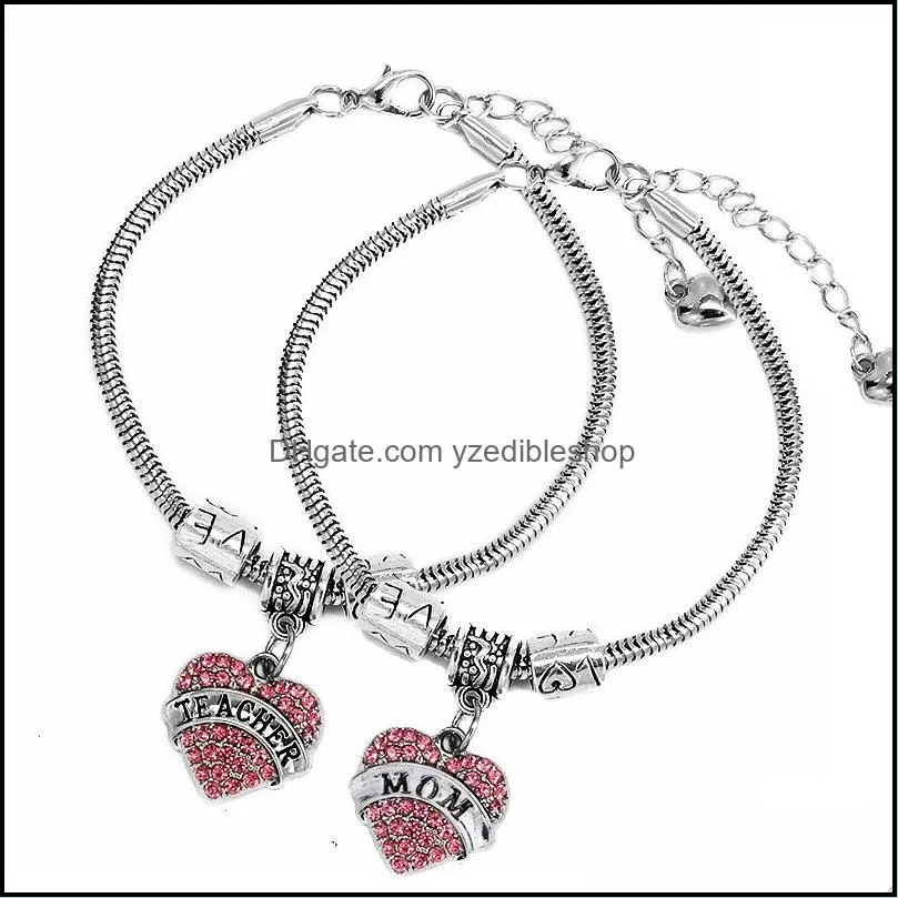 crystal heart shape charm bracelet love family bracelets chain charm bracelet diy gifts for mom grandma sister teacher nurse jewellry