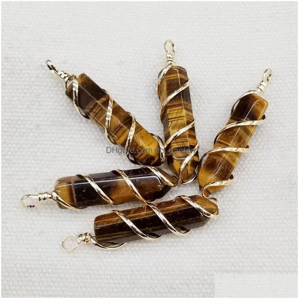 fashion gold wire wrap stone charms bullet shape point chakra pendants for jewelry making wholesale