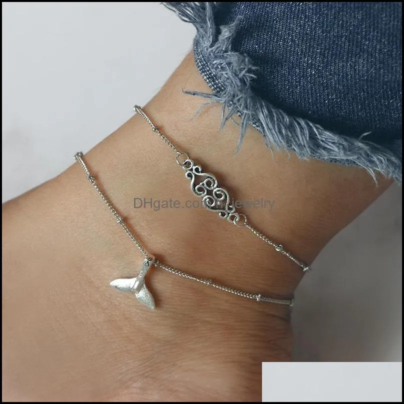 bohemian 2pcs/set mermaid tail anklet handmade multi layer heart whale tail pendent anklet bracelets for women barefoot beach jewelry