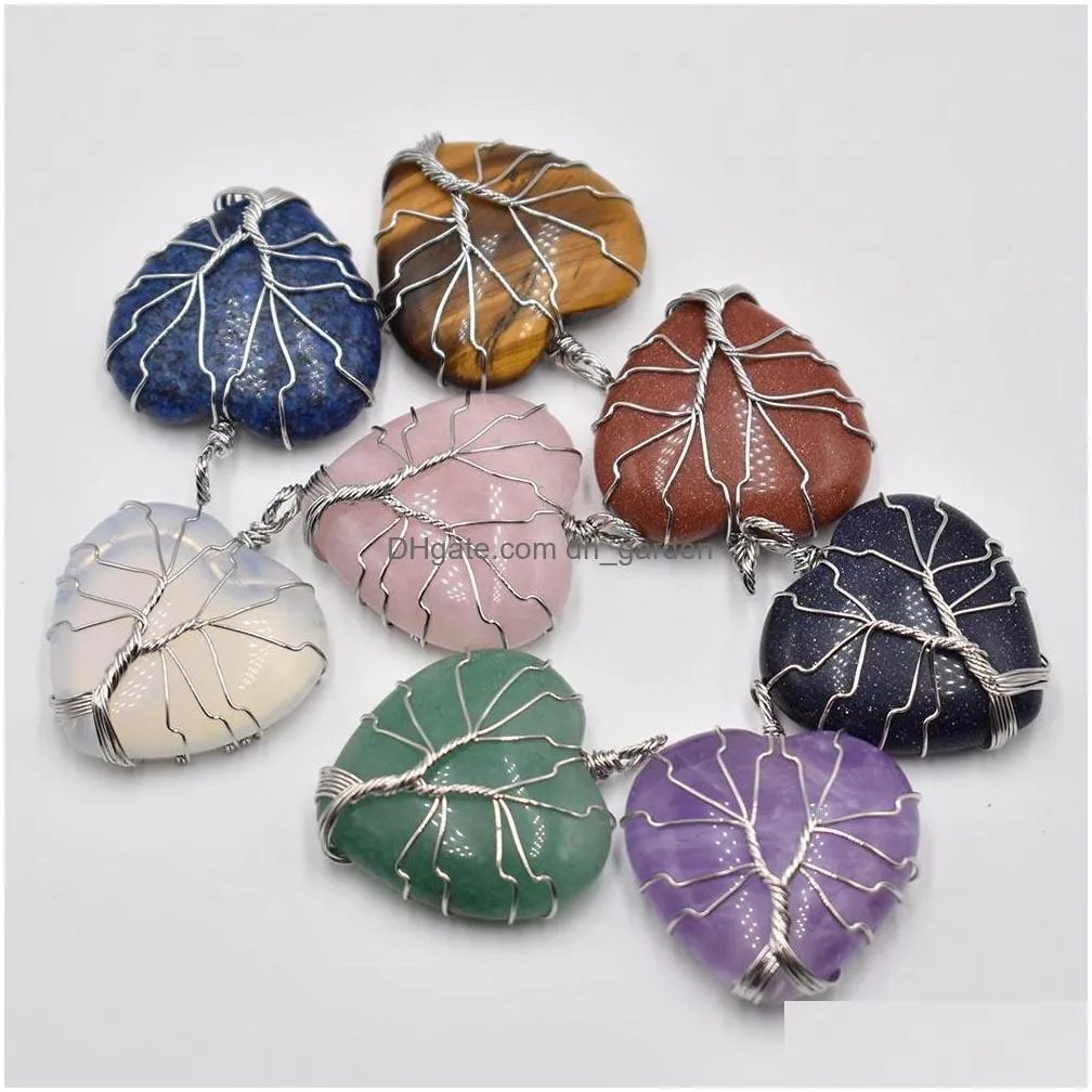 chakra wire wrap handmade tree of life heart shape natural stone charms lapis tiger eye rose quartz pendant for diy jewelry making necklace accessories