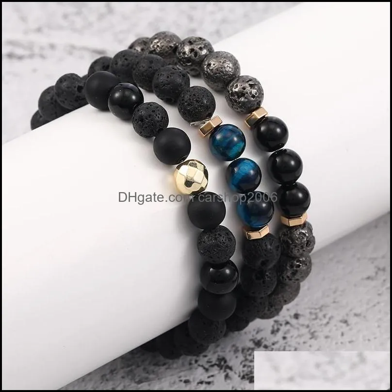 3pcs/set fashion 8mm black lava bead elastic bracelets natural tiger eyes glass bead bracelet for men women bracelet jewelry gift