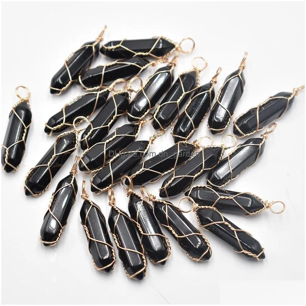 gold wire natural stone black rose quartz amethyst charms hexagonal healing reiki point turquoise pendants for jewelry making