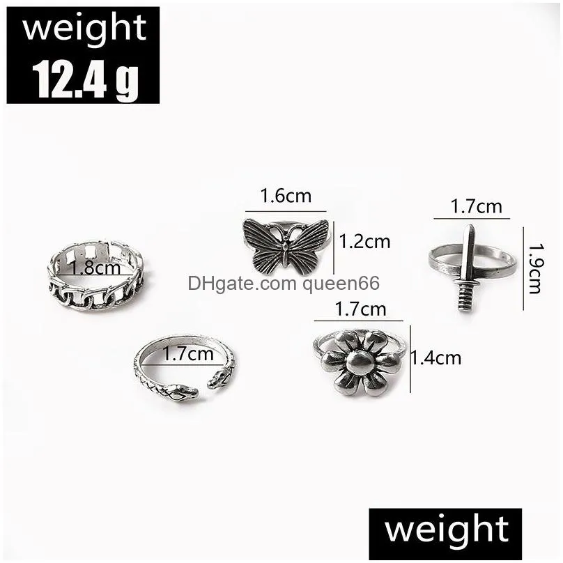 fashion jewelry knuckle ring set silver butterfly flower chain pattern snake sword stacking rings midi rings sets 5pcs/set