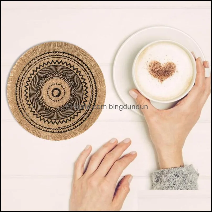 38cm retro round placemats jute woven placemat heat resistant nonslip coffee cup pad dining table tassel