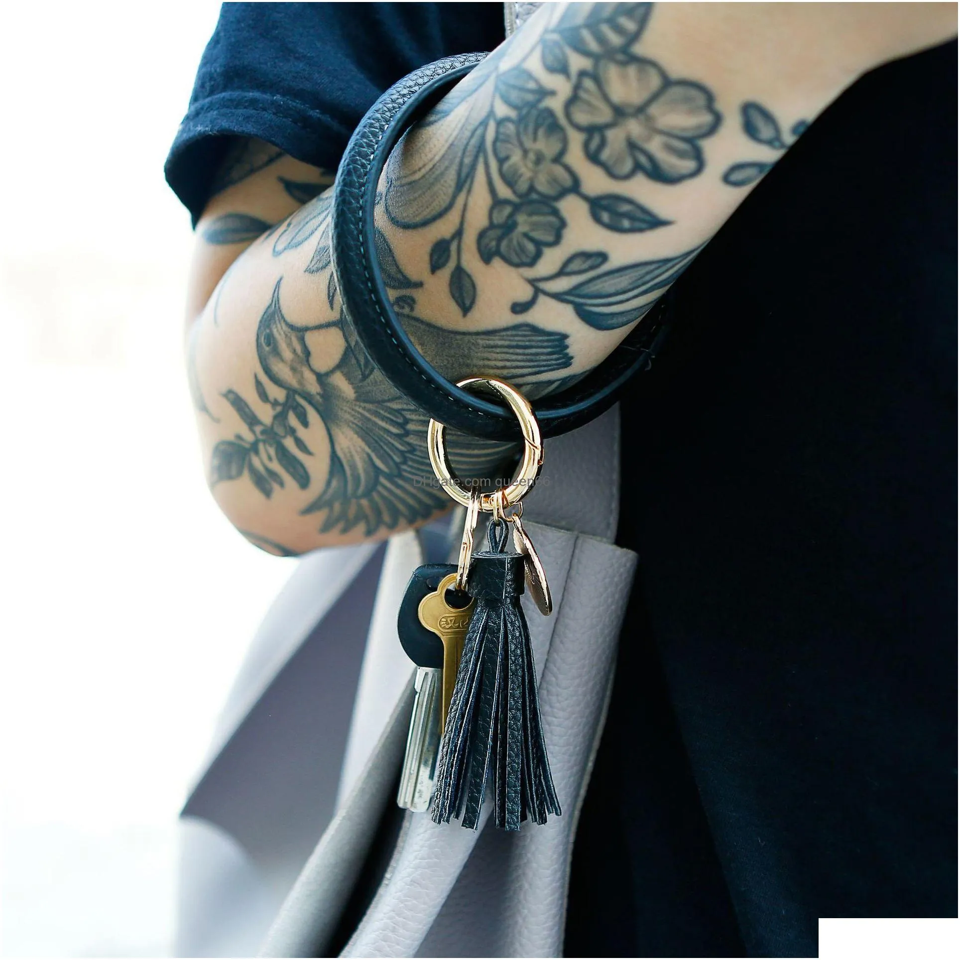 women girls pu leather bracelet key ring bangle keyring tassel ring circle key ring keychain wristlet keyrings jewelry