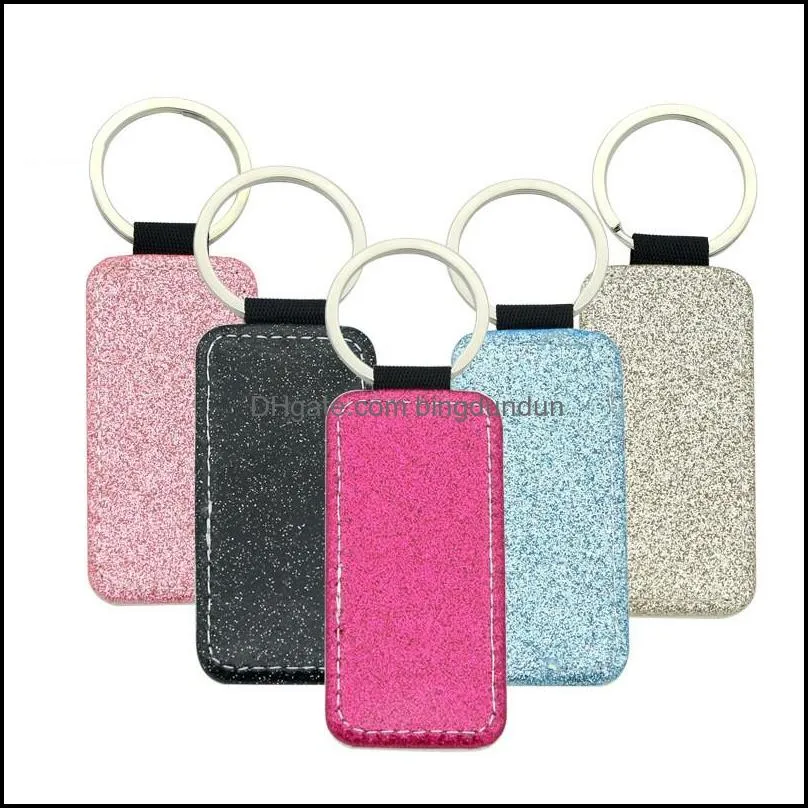 sublimation blank pu leather keychains heart round square rectangle key ring glitter hot transfer printing custom consumables