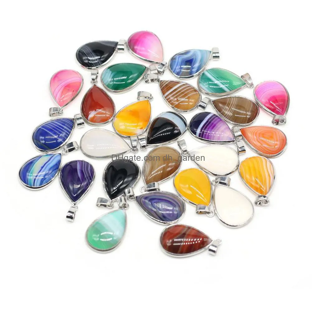 fashion stripe agate stone charms waterdrop silver color edged pendant diy for bracelet necklace earrings jewelry making 20x30mm