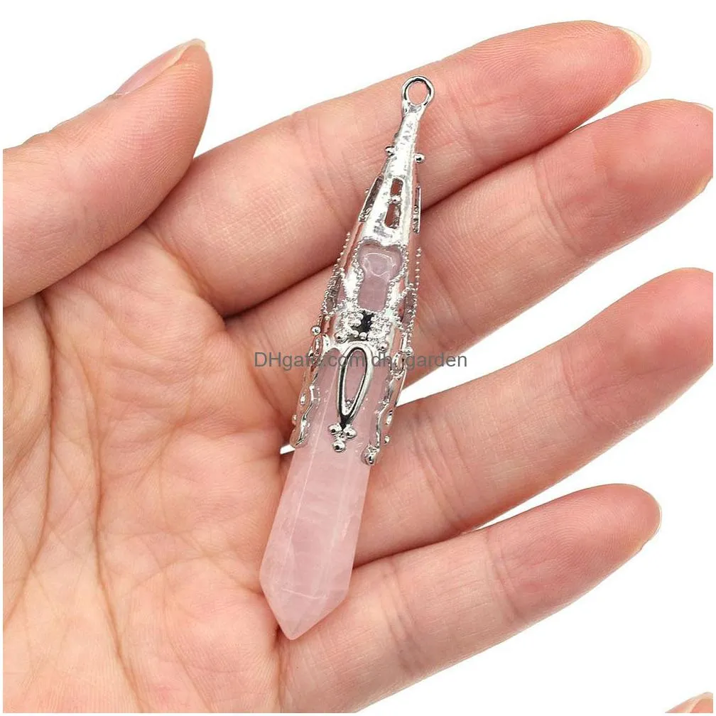 natural stone chakras charms cone hexagon pendulum pendant rose quartz healing reiki crystal finding for diy necklaces women fashion jewelry