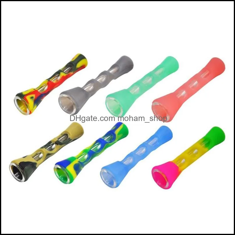 silicone glass smoking herb pipe 87mm one hitter dugout pipe tobacco cigarette pipe hand spoon pipes smoke accessories wholesale