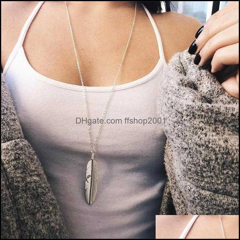 simple classic feather pendant necklaces long sweater chain statement jewelry choker necklace for women girls