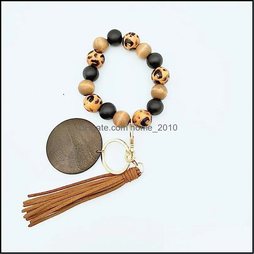 personalized high quality colorful wooden bead wrist stretch disc keychain tassel wristlet bracelet key rings silicone keys wood beads keyring women