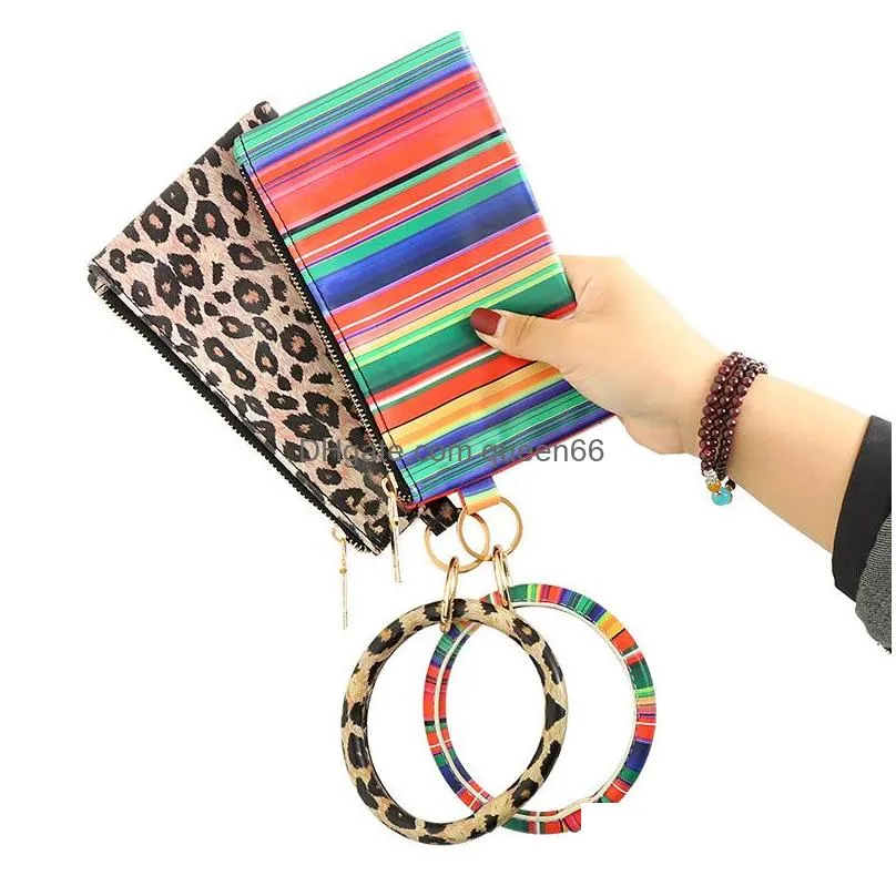 women girls colorful pu leather bracelet key ring bangle keyring ring circle keychain wristlet keyrings jewelry with wallet