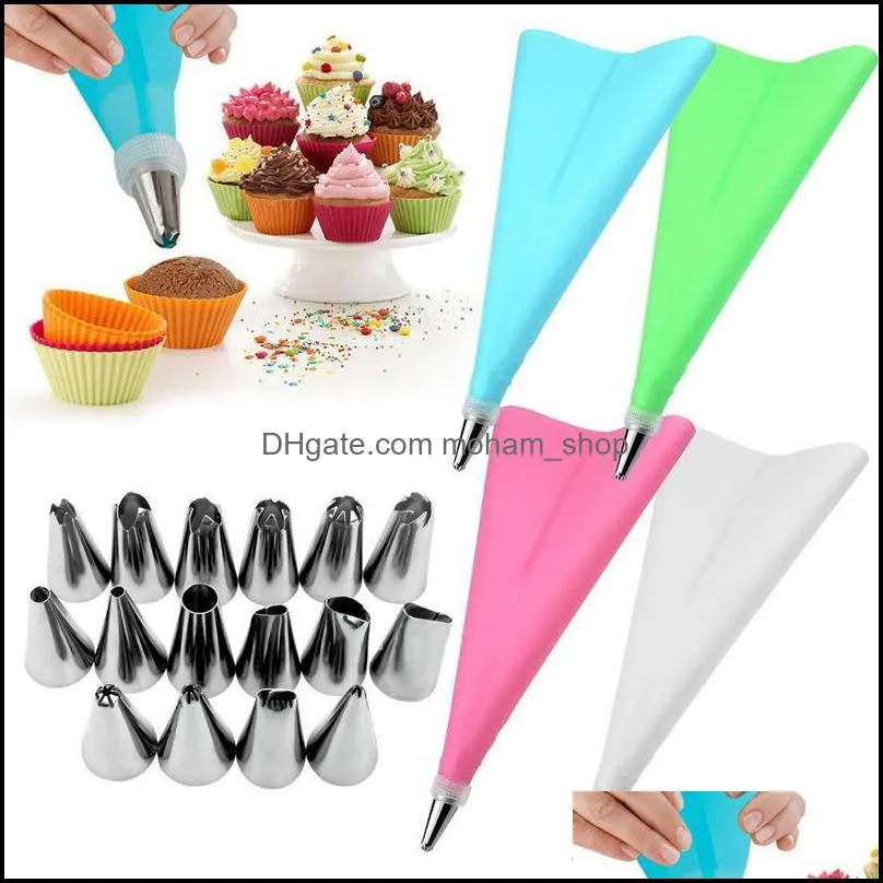 baking pastry tools 18pcs/set silicone bag tips kitchen cake diy icing piping cream decorating reusable bagsadd16 nozzle set