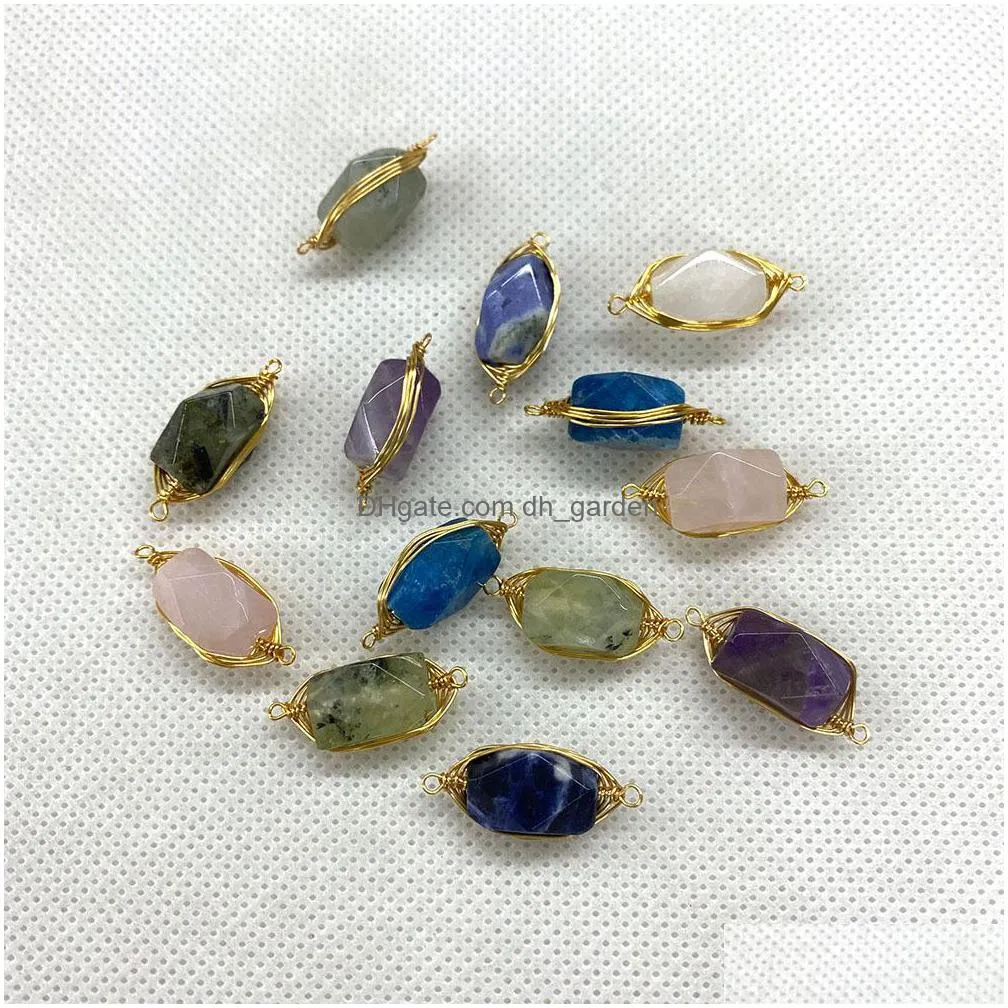 gold wire wrap natural stone charms green rose quartz crystal connector pendant for earrings necklace jewelry making wholesale 8x23mm