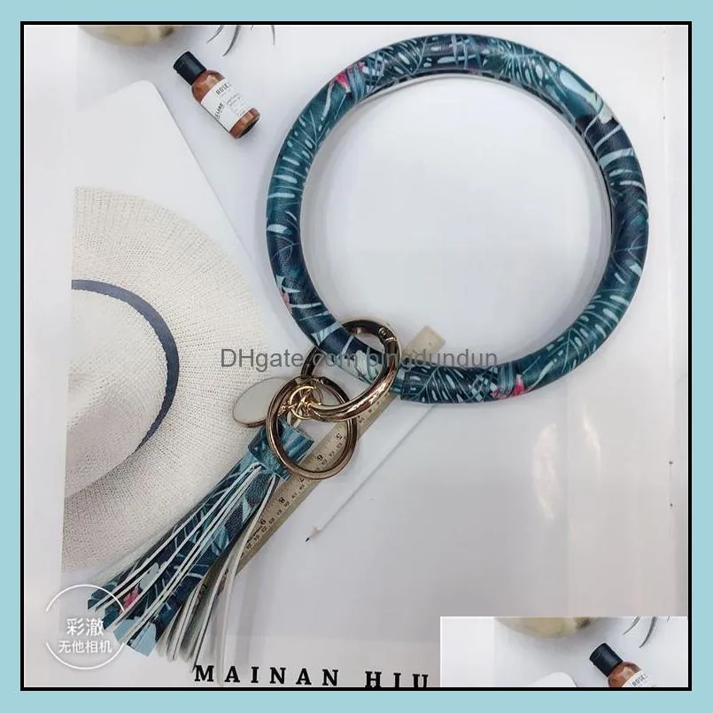women pu leather wrap tassels bracelets key ring party floral leopard print keychain wristband sunflower drip oil bangle bracelet bangle