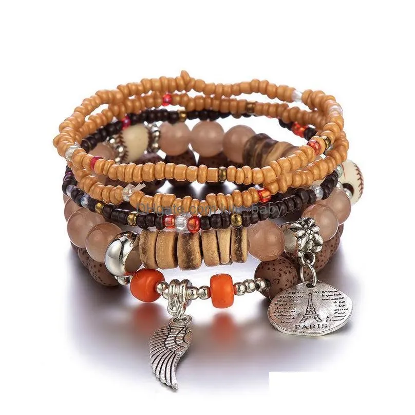 bohemian fashion jewelry strands angel wing pendant beaded bracelet multi layer colorful beads charms bracelets