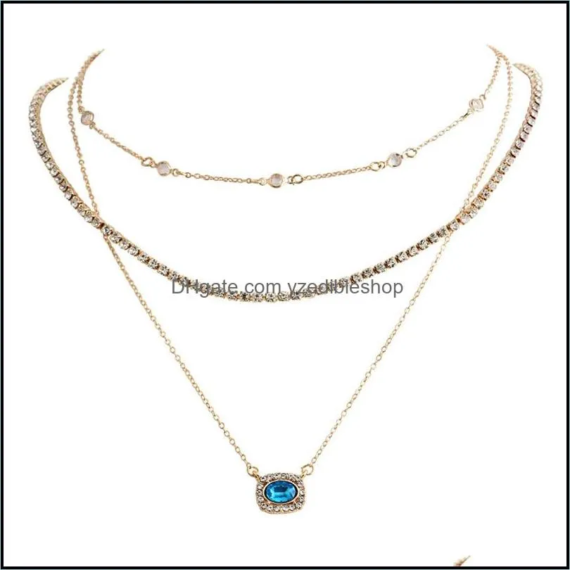 bohemian vintage multi layer crystal necklace blue crystal pendant choker necklaces for women elegant wholesale jewelry
