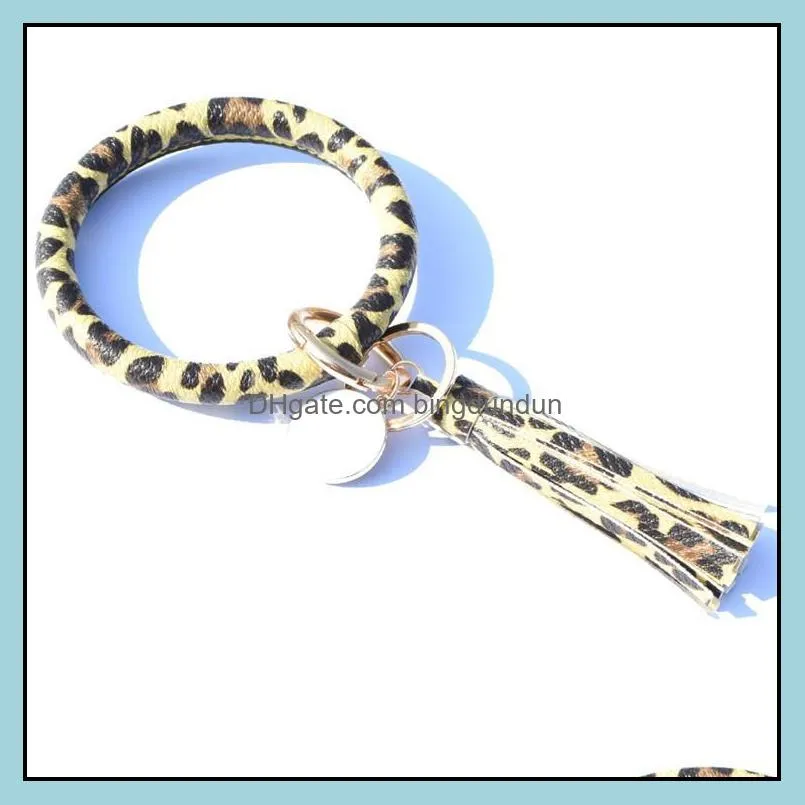 women tassel bracelets pu leather wrap key ring leopard lily print keychain keyring wristband sunflower circle bangle chain wristlet