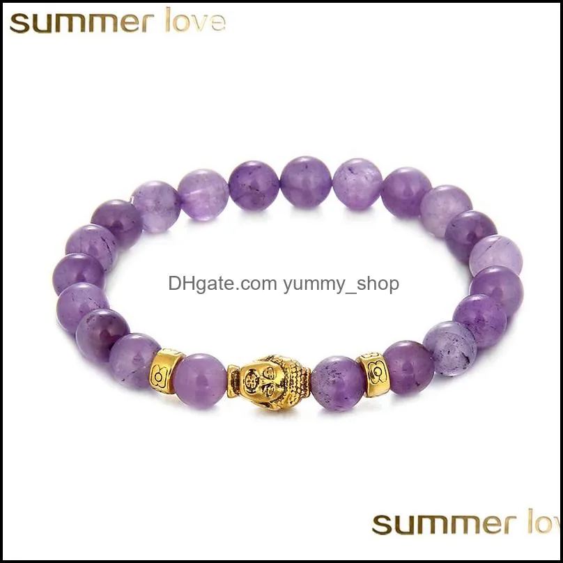 fashion summer love beaded bracelets gold plated buddha head charm with amethyst natural stone beads bracelet for men women jewelr