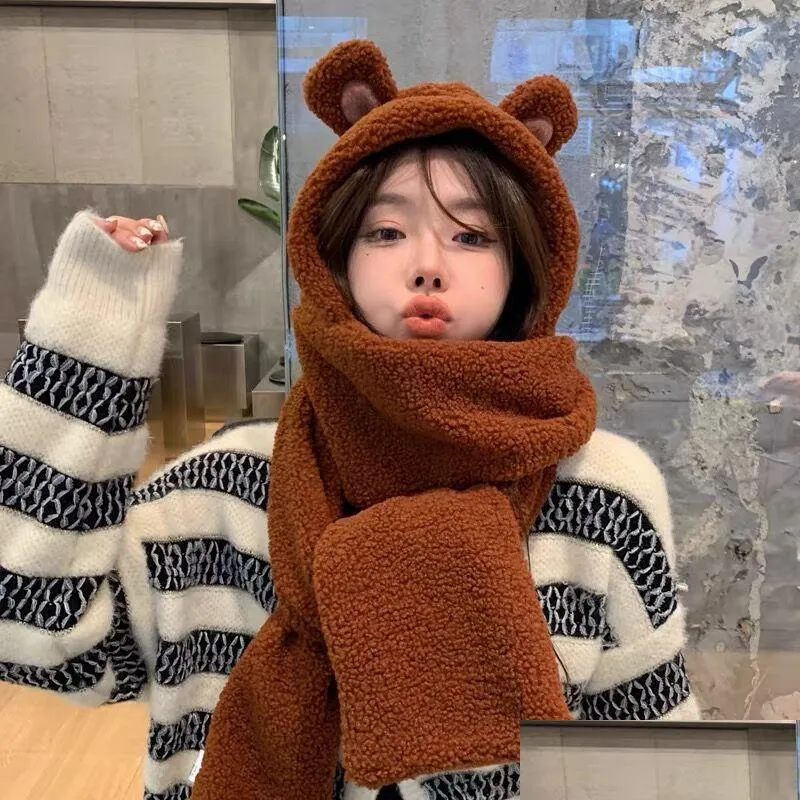 winter cute bear hat scarf pocket wholeness womens students thick earmuff neck warm faux fur plush caps hat scarf