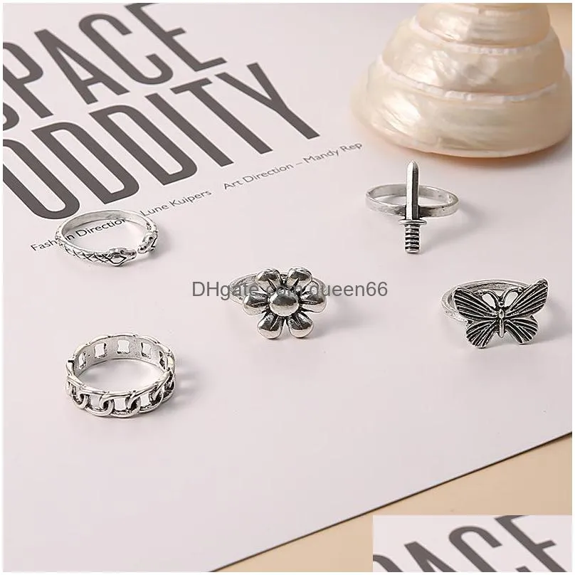 fashion jewelry knuckle ring set silver butterfly flower chain pattern snake sword stacking rings midi rings sets 5pcs/set