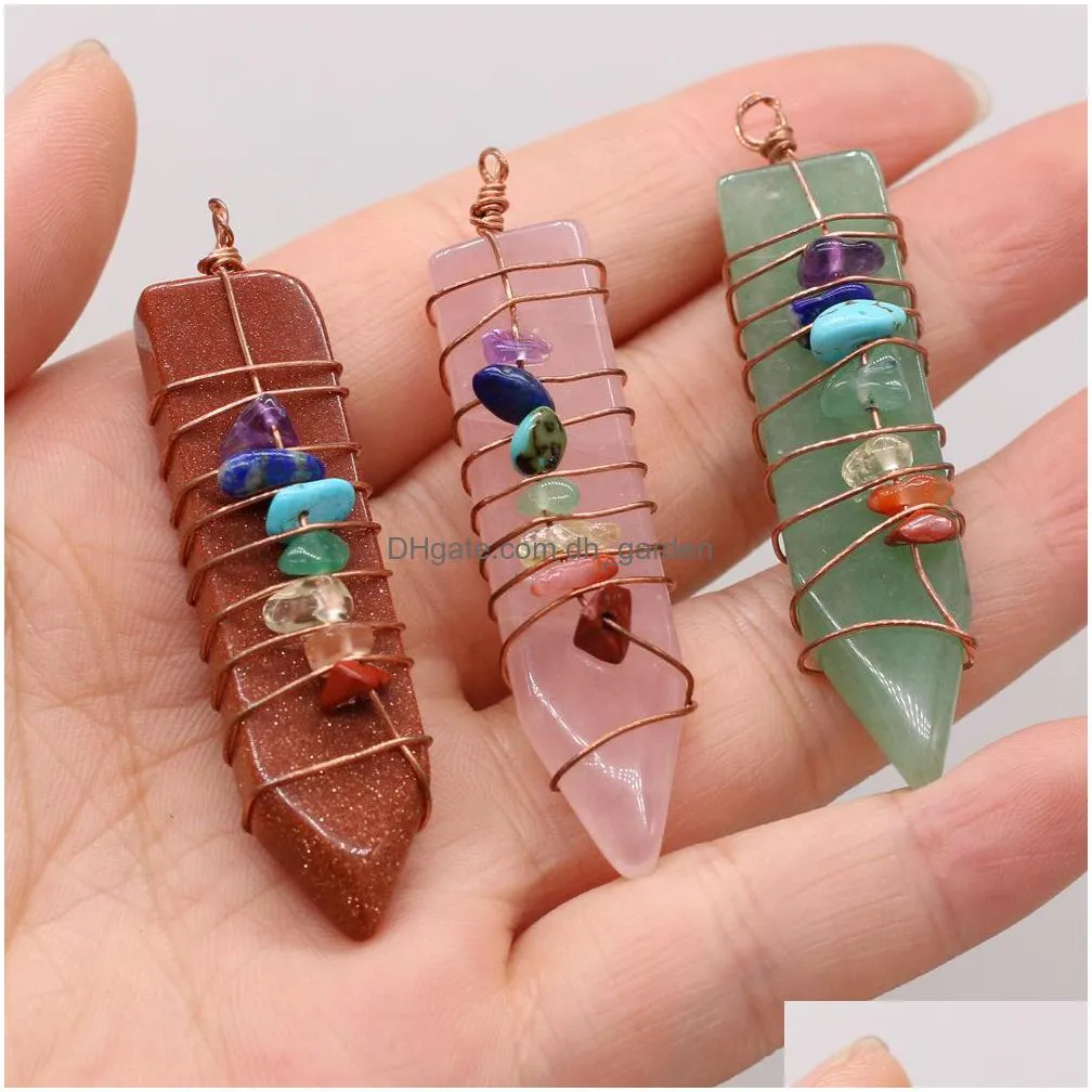 natural stone 7 chakras wire wrap charms arrowhead shape pendulum pendant rose quartz healing reiki crystal finding for diy necklaces women fashion jewelry