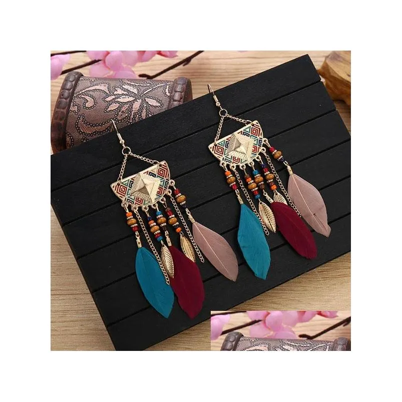 bohemian fashion jewelry vintage feather earrings beads dangle feather tassels earrings