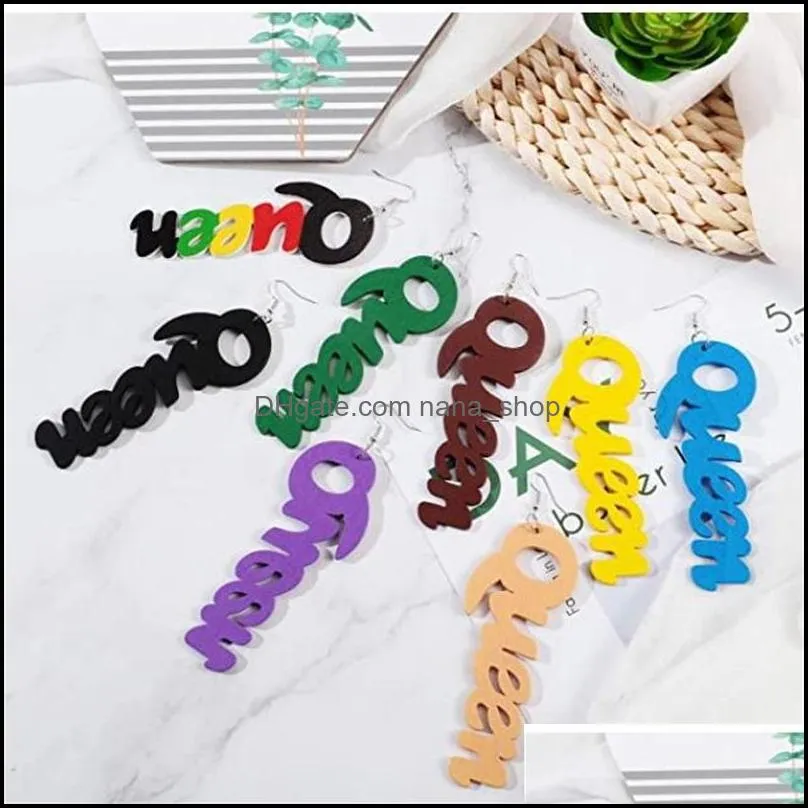  fashion colorful african wood letter earring geometric hollow letter queen drop earring for girls 472 q2