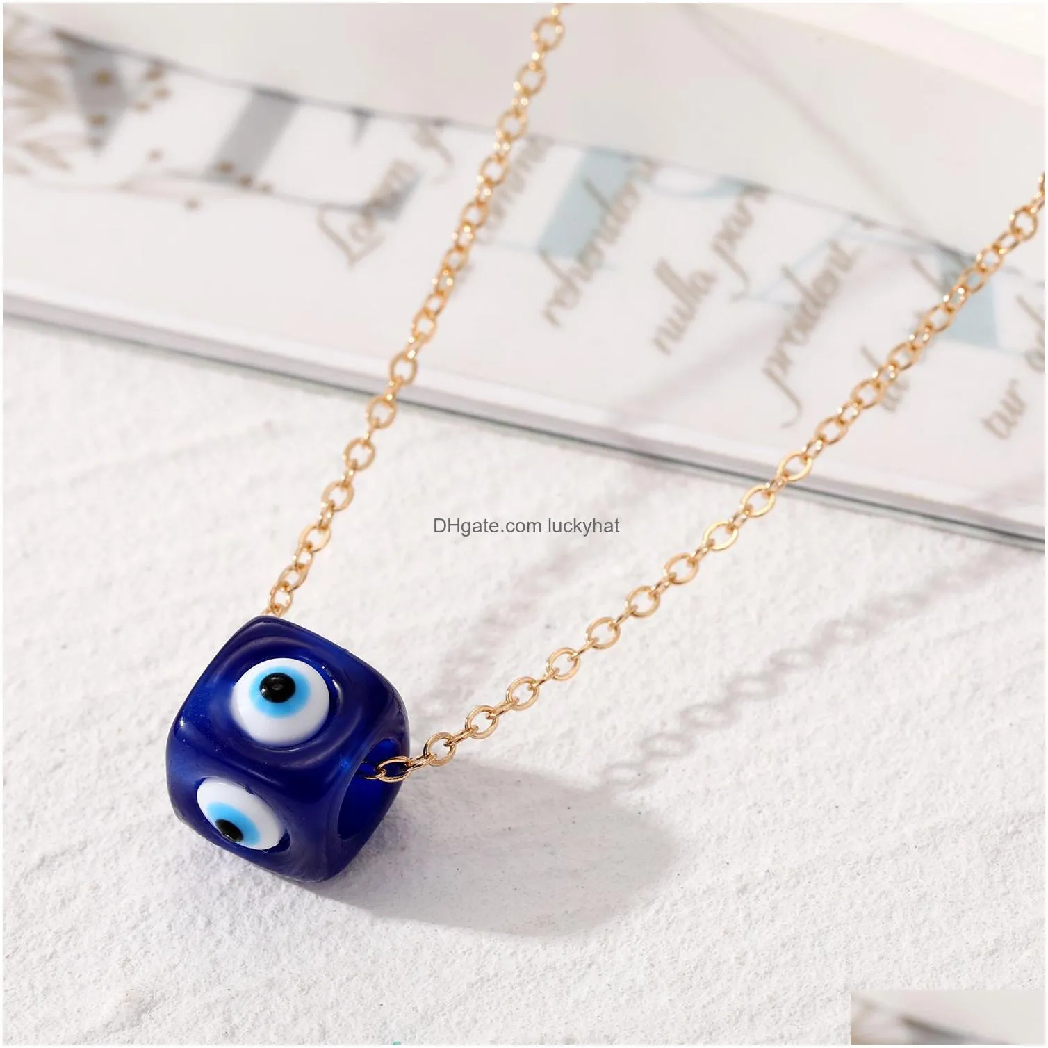 resin square evil eye bead pendant necklaces for women blue eyes necklace