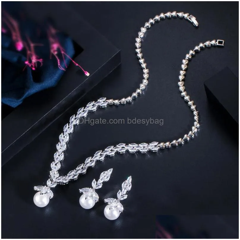 fashion 2pcs/set bridal jewelry set shell pearl necklace earring african jewelry sets white aaa zirconia woman wedding bridesmaid diamond earrings necklaces