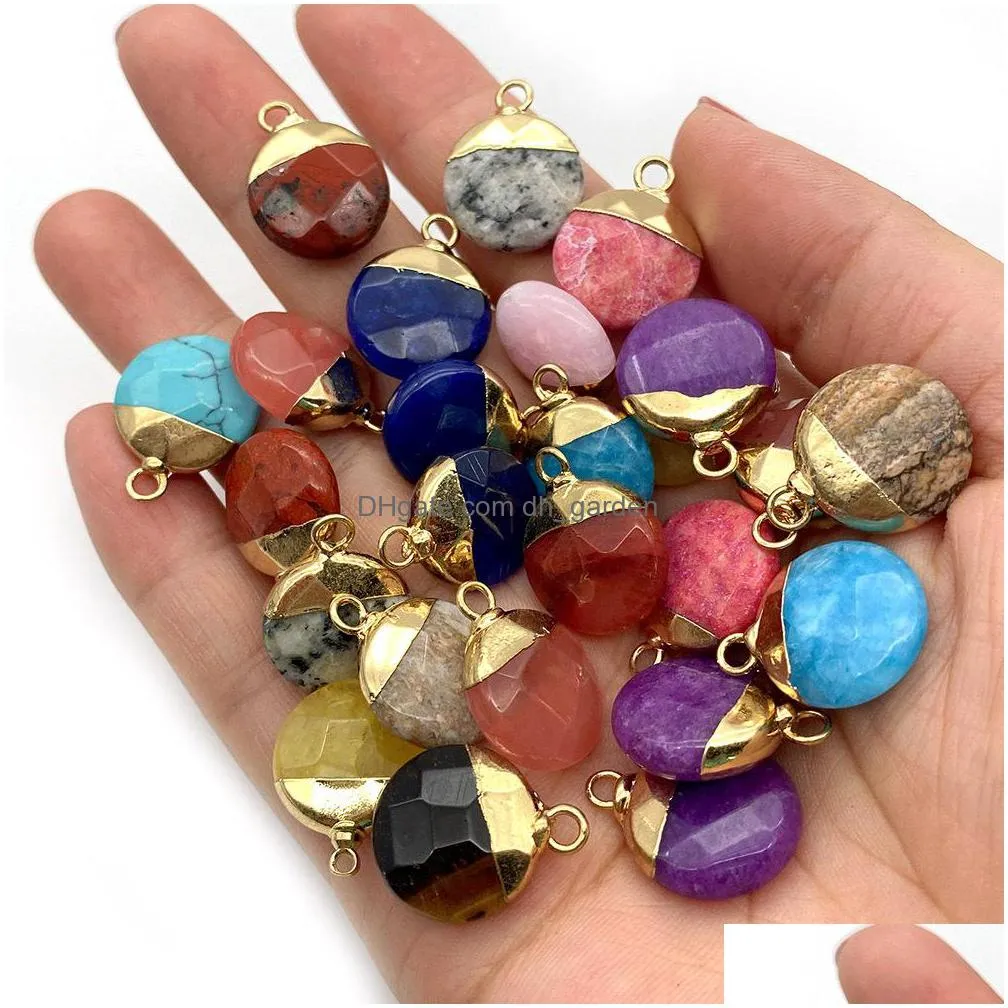colorful crystal stone round charms pendant for jewelry making chakra reiki healing green aventurine pendants wholesale 15x19mm