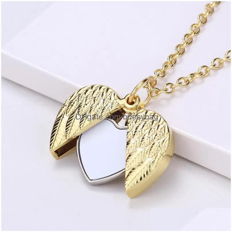 sublimation blank mens necklace designer jewelry thermal transter silver gold wing heart necklace woman diy photo frame pendant necklaces family anniversary