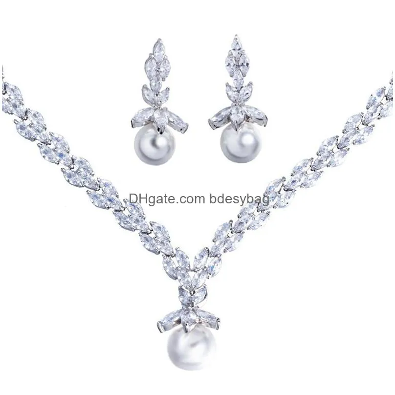 fashion 2pcs/set bridal jewelry set shell pearl necklace earring african jewelry sets white aaa zirconia woman wedding bridesmaid diamond earrings necklaces
