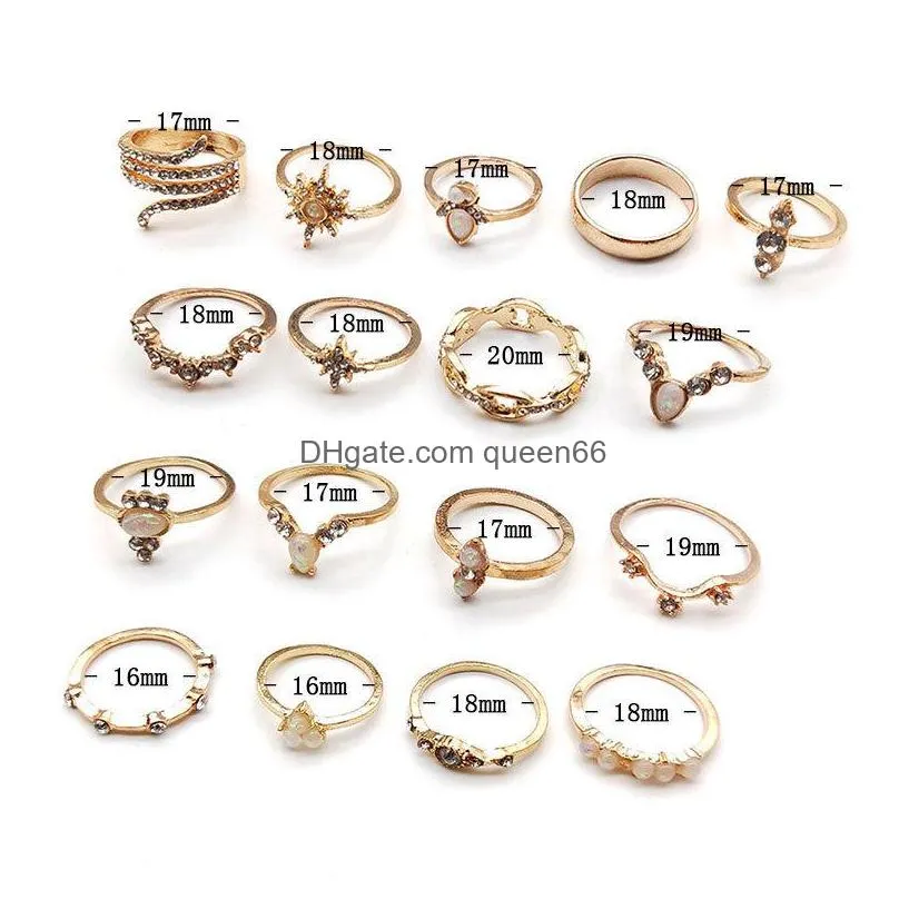 bohemian fashion jewelry ring set rhinstone crown stacking rings midi rings set 17pcs/set