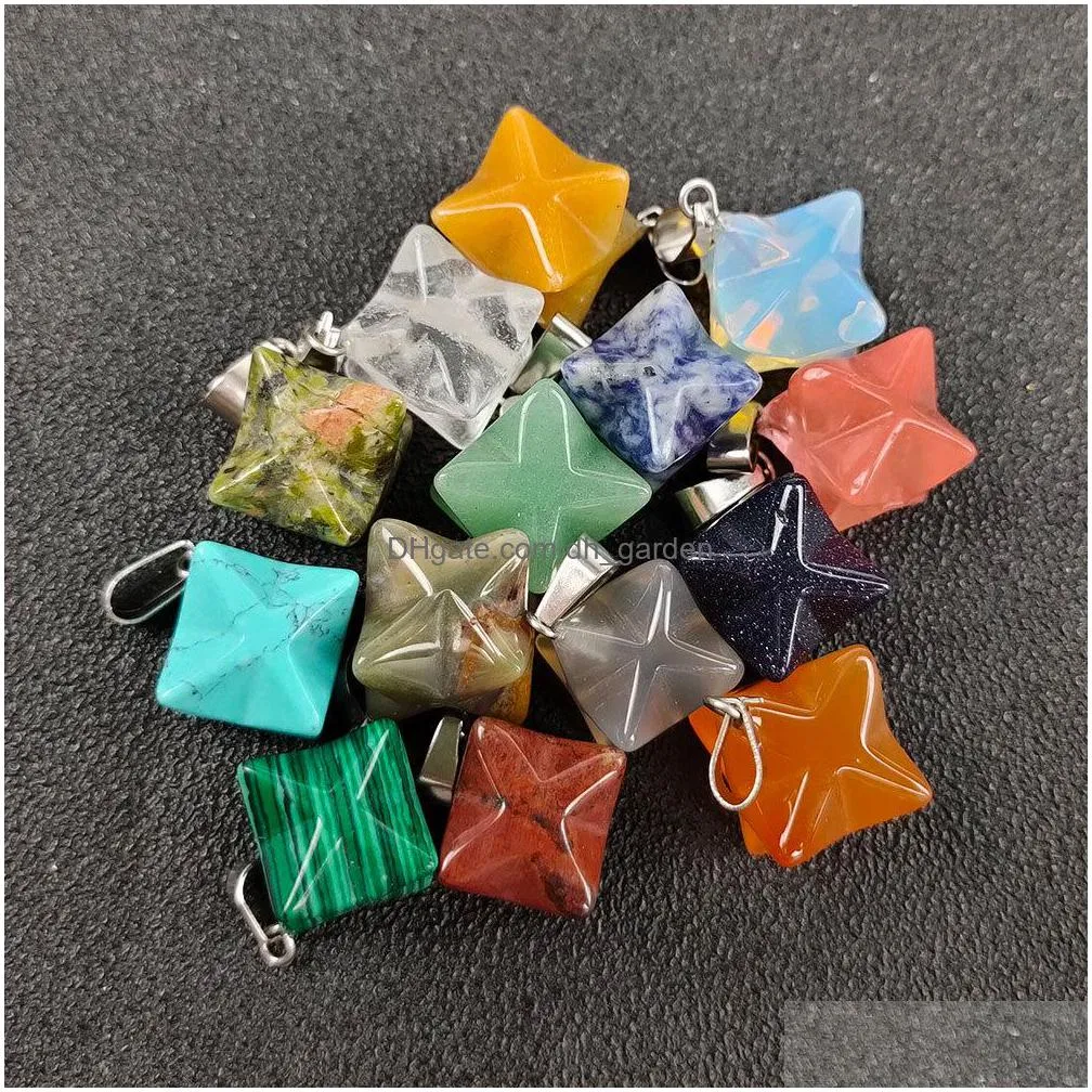 14mm merkaba hexagram star qaurtz chakra stone charms energy healing reiki crystal carvings pendant for jewelry making