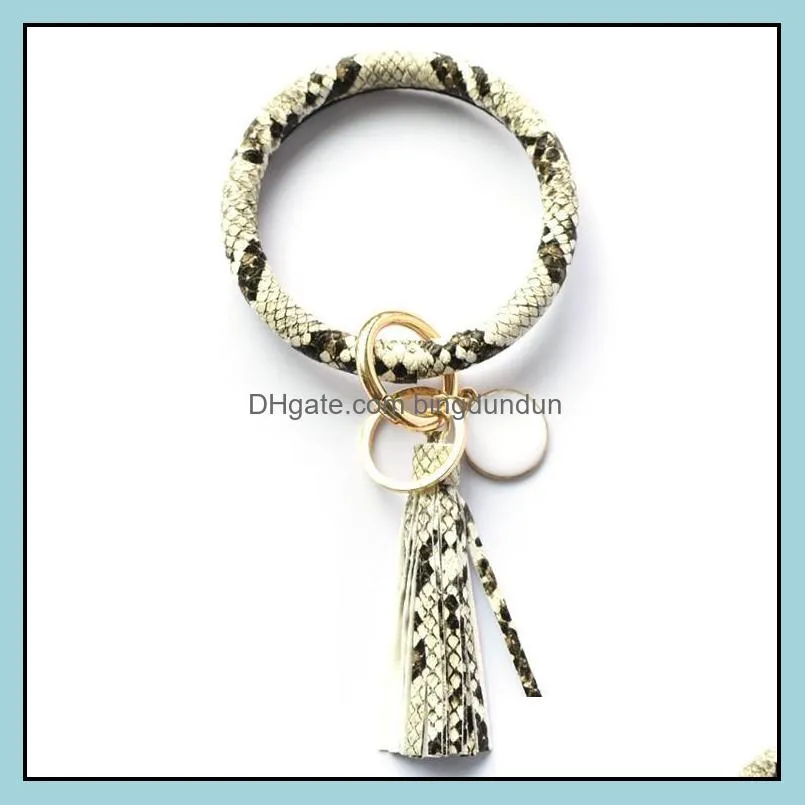 fashion women tassels bracelets bangle pu leather party wrap key ring leopard lily print keychain wristband sunflower drip oil circle keys holder chains