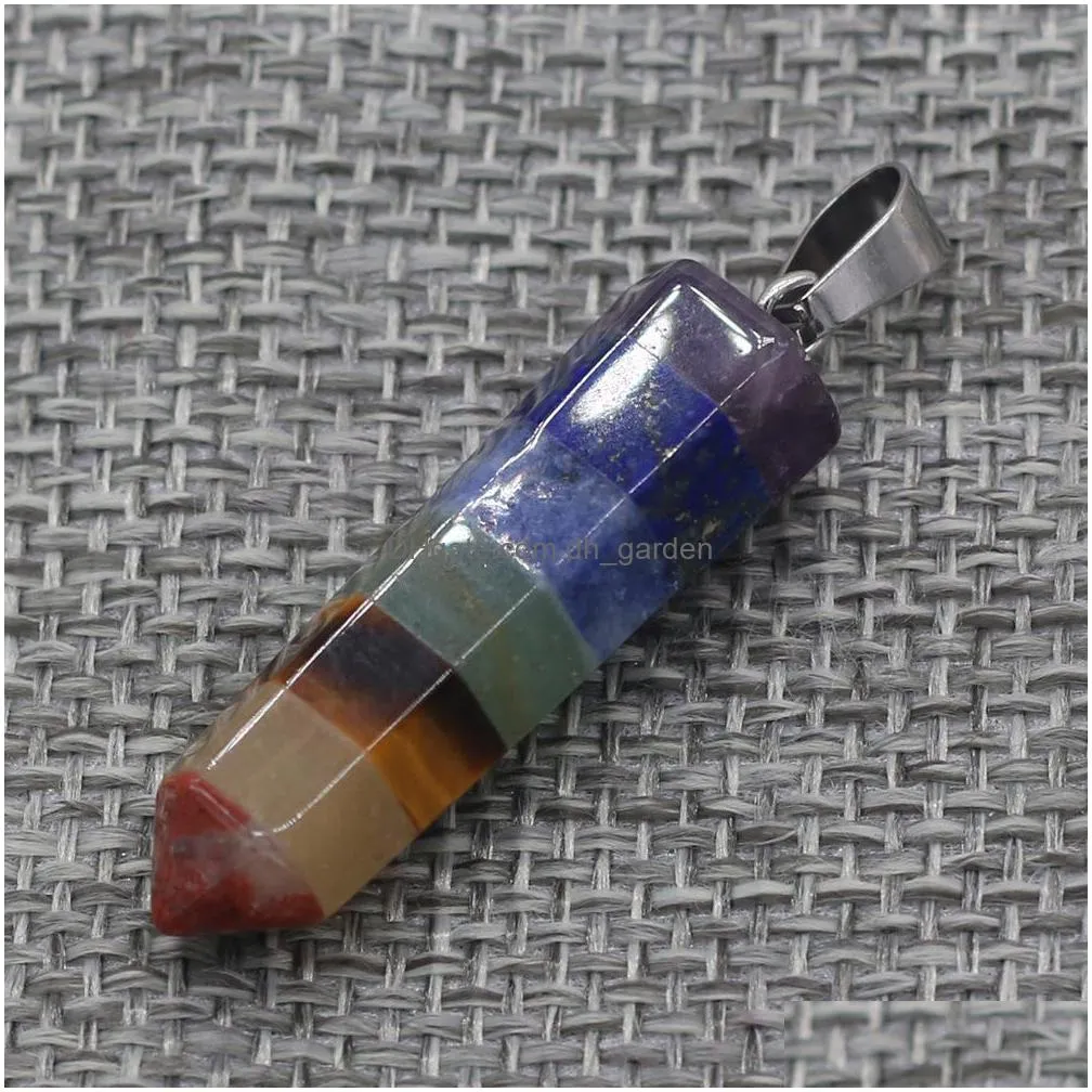 seven chakra faceted hexagonal prism stone charms rainbow quartz healing reiki crystal pendant finding diy necklaces women jewelry