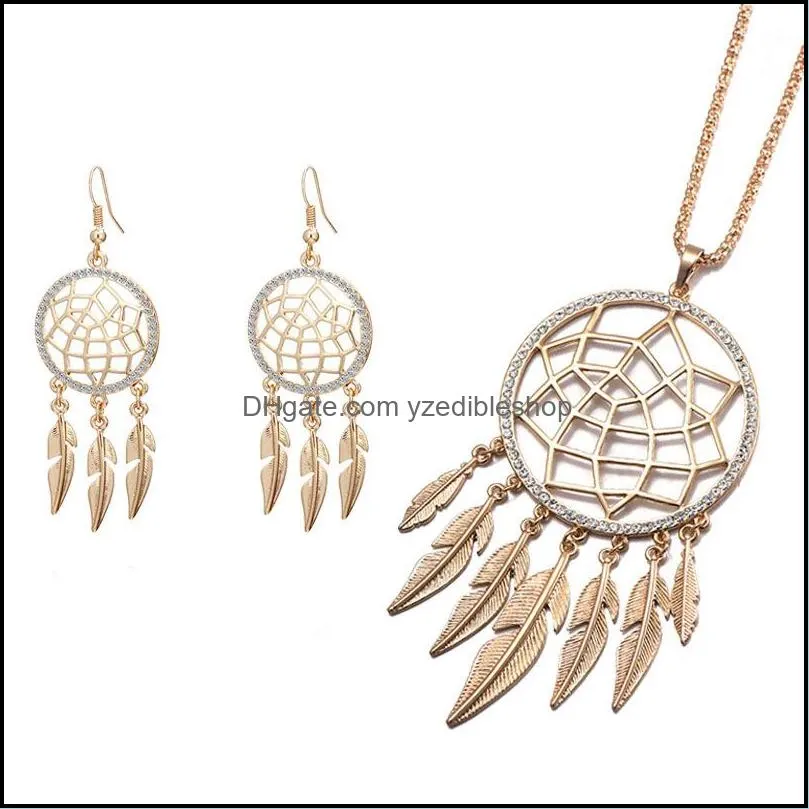 long tassel leaf feather necklace hollow jewelry dream catcher pendant gold color necklace for women gift