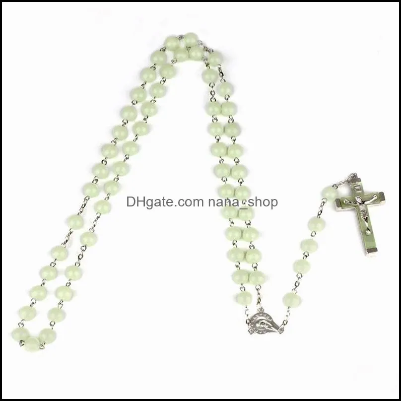 light blue glow in dark plastic rosary beads luminous noctilucent necklace fashion religious jewelry party gift 146c3