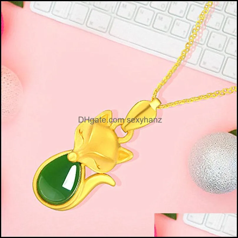 jade fox necklace pendant natural green chalcedony pendant necklace fashion charm jewelry for women men sand gold necklaces