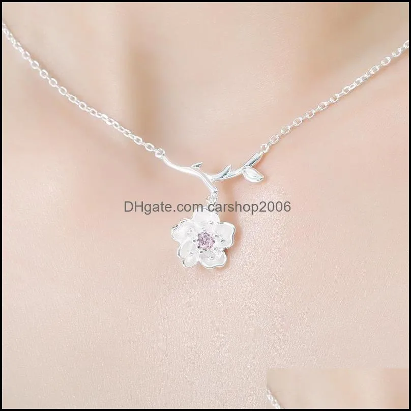 wedding bridal jewelry sets silver plated purple pink crystal cherry blossoms flower necklaces earrings rings for women