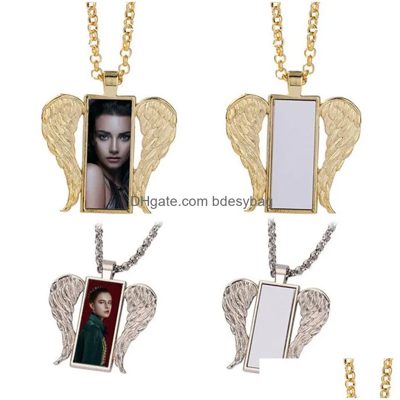 vinatge diy sublimation blank gold rectangle wing necklace designer woman silver plated pendant couples necklaces for man womens valentines day jewelry