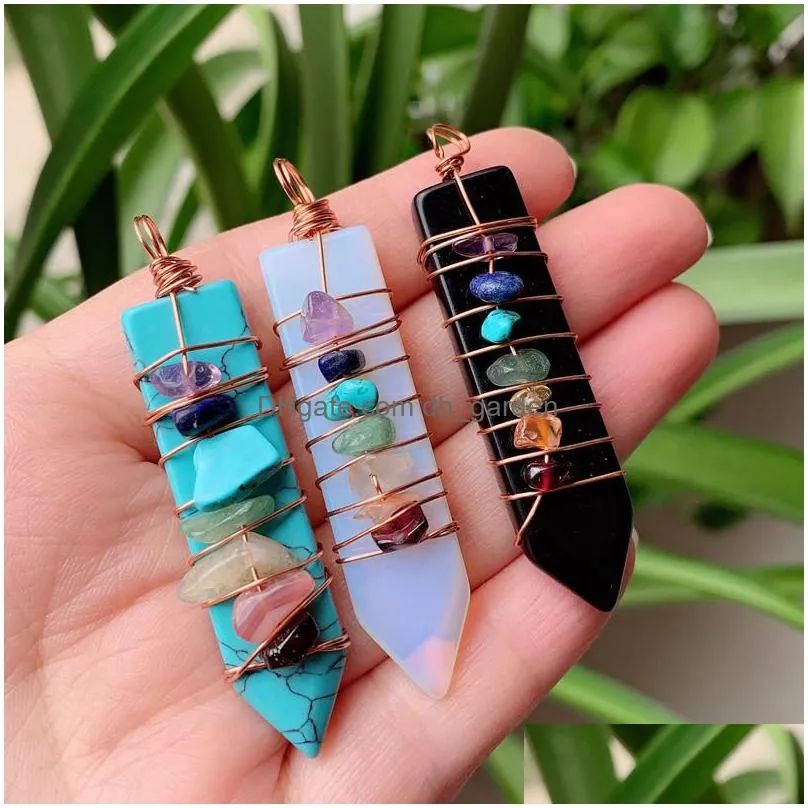 healing natural stone pendulum charms wire wrap 7 chakra pendant reiki amethysts lapis point sword shape pink crystal pendants women