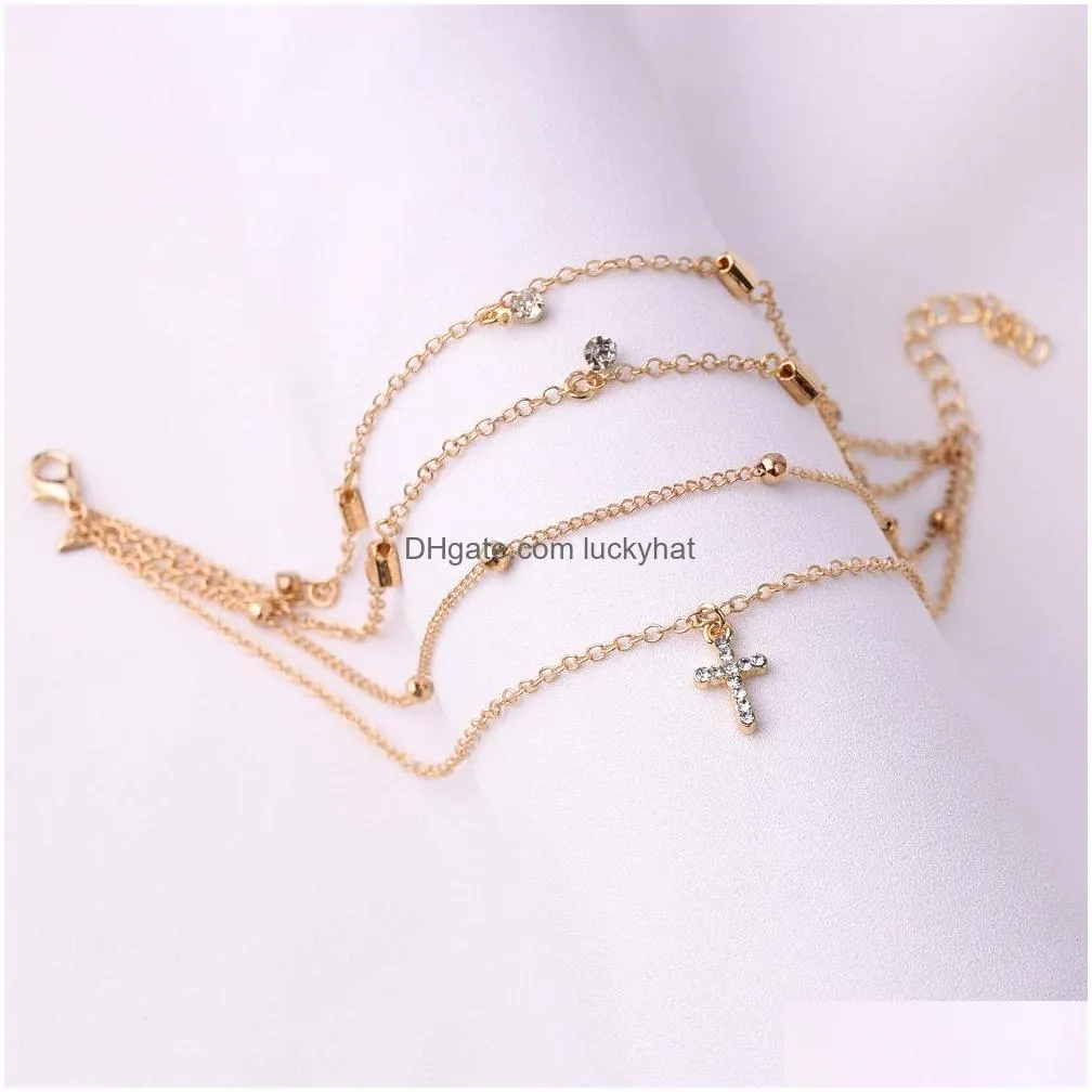 fashion jewelry multi layer anklet cross pendant heart charms anklets