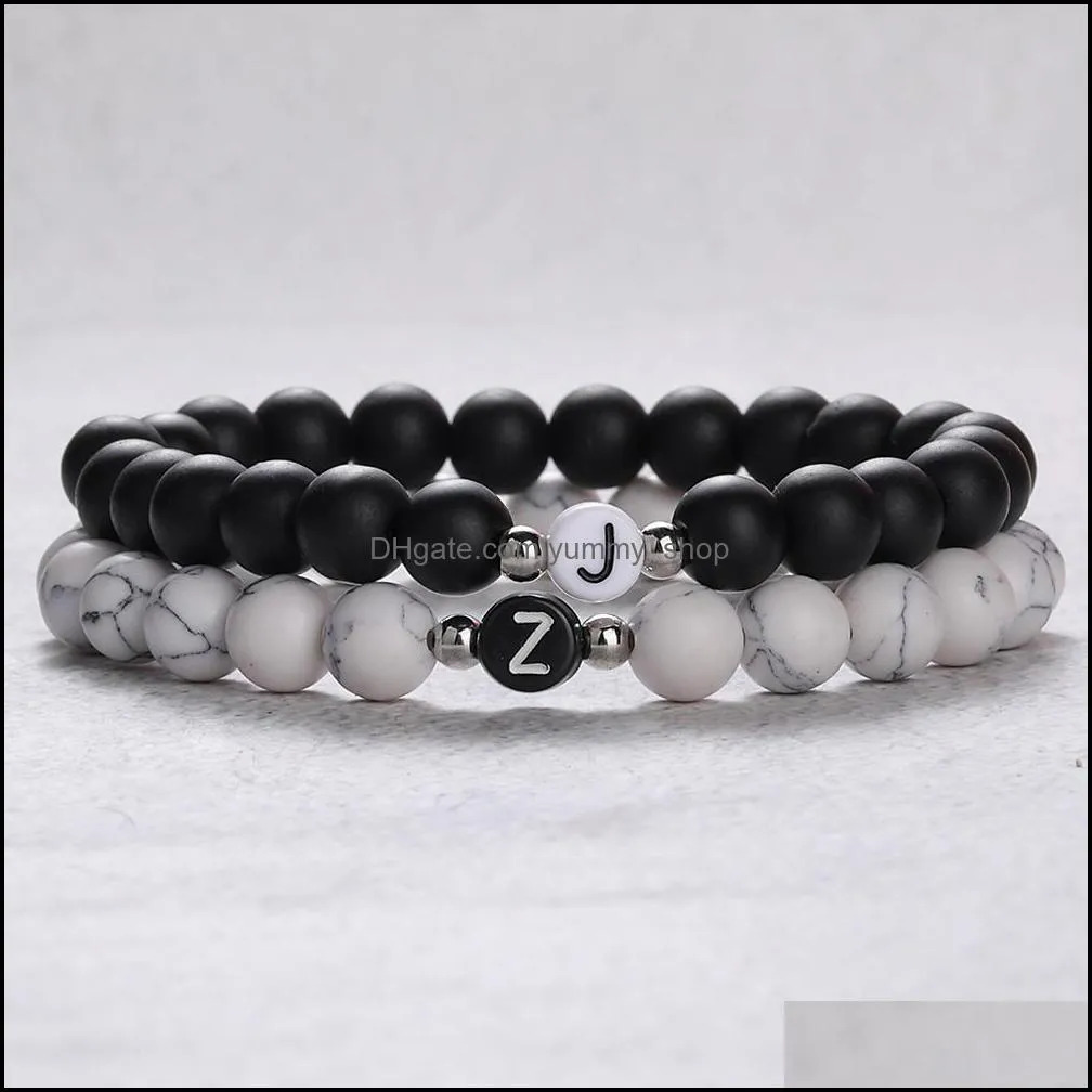 diy az 26 letter bracelets black white stone bead couple bracelet friendship lucky bead bracelet kids family gift