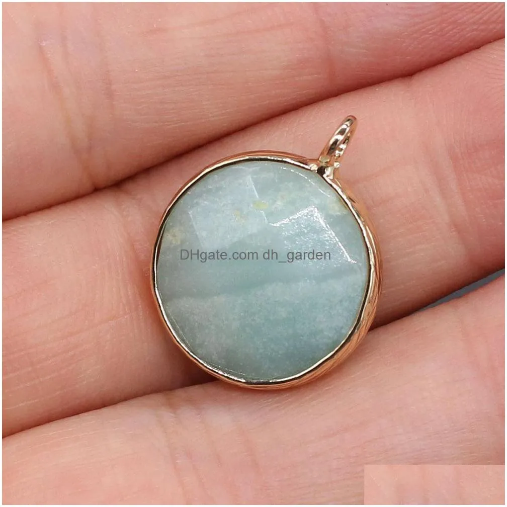faceted flat round healing turquoise picture stone charms rose quartz crystal pendant diy necklace women fashion jewelry finding