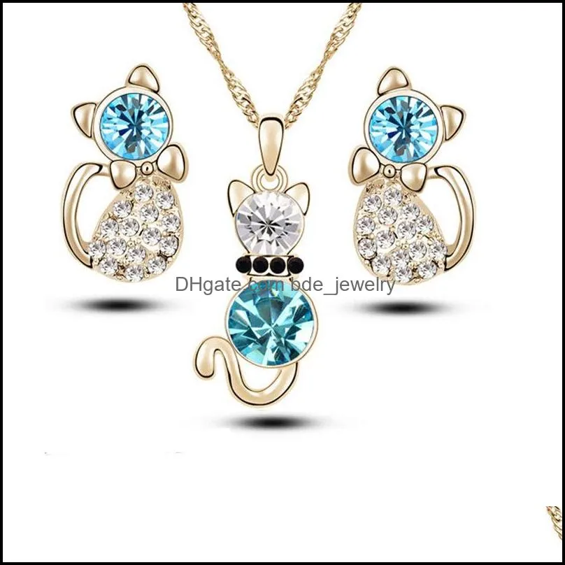 fashion cat crystal jewelry sets high quality necklace earrins sets 6 colors min order 1832 t2