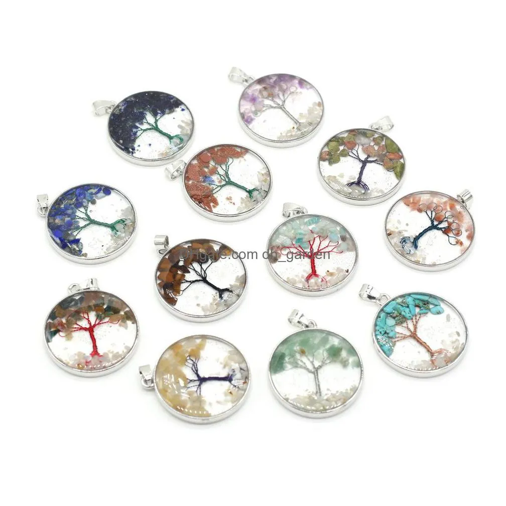 gravel natural stone tree of life pattern glass round charms rose quartz healing reiki crystal pendant diy necklace earrings women fashion jewelry